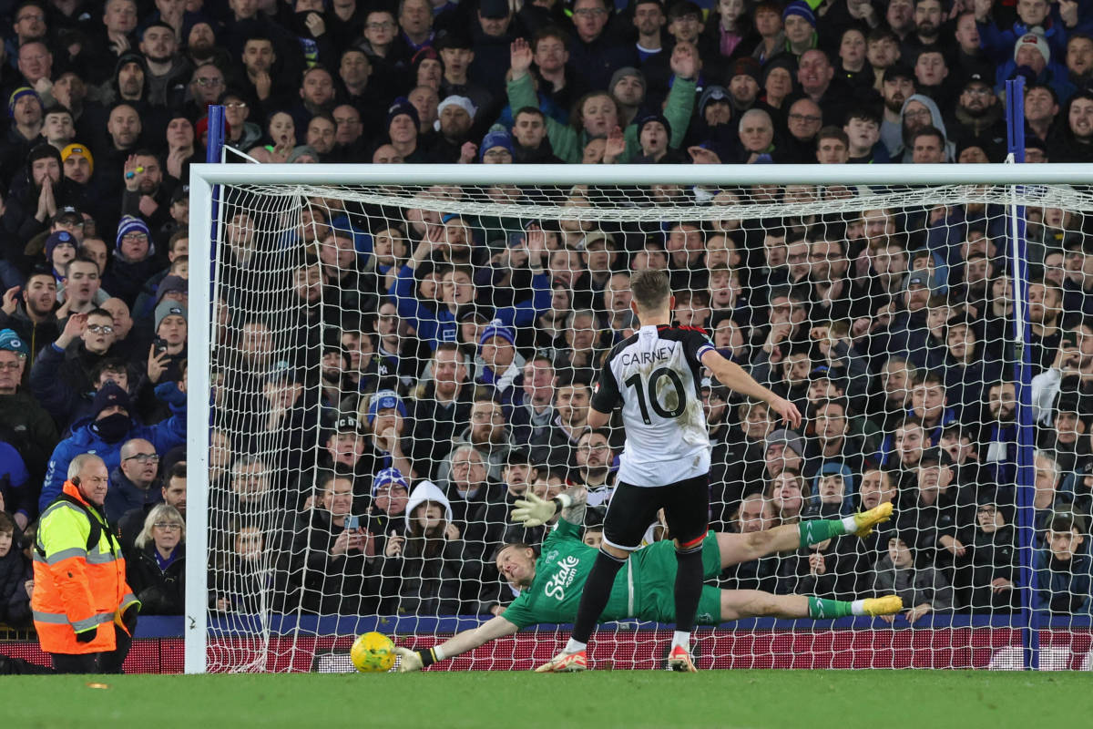 Fulham's Tom Cairney pictured narrowly beating Everton goalkeeper Jordan Pickford during a penalty shootout in the quarter-finals of the EFL Cup in December 2023